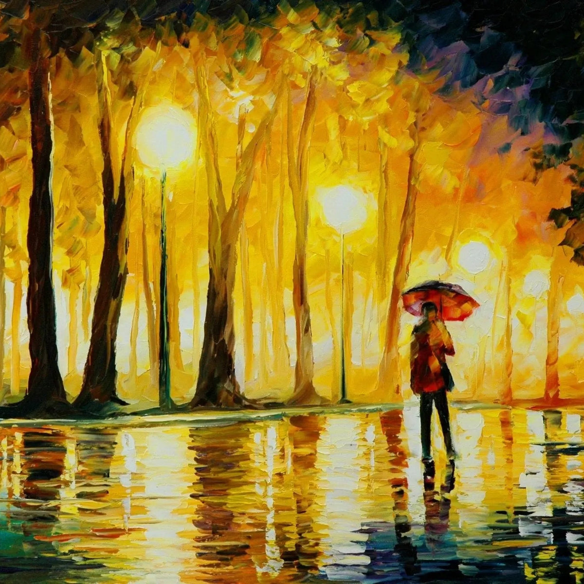 Abstract Landscape Oil Painting - Rainy Night Park with Figure and Umbrella - Oil Painting Haven