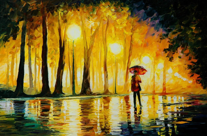 Abstract Landscape Oil Painting - Rainy Night Park with Figure and Umbrella - Oil Painting Haven