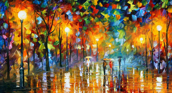Abstract Landscape Oil Painting - Rainy Night Park with Vibrant Reflections - Oil Painting Haven