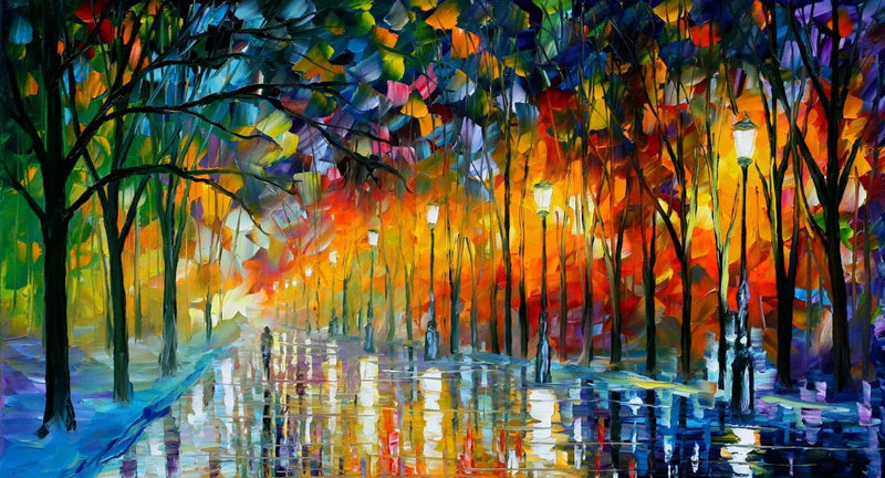 Abstract Landscape Oil Painting - Rainy Night Path with Vibrant Reflections - Oil Painting Haven