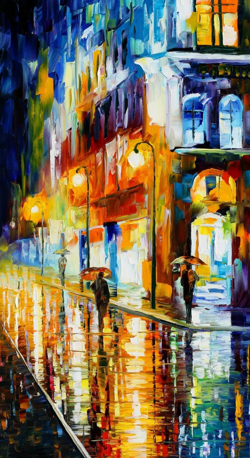 Abstract Landscape Oil Painting - Rainy Night Street Scene - Oil Painting Haven