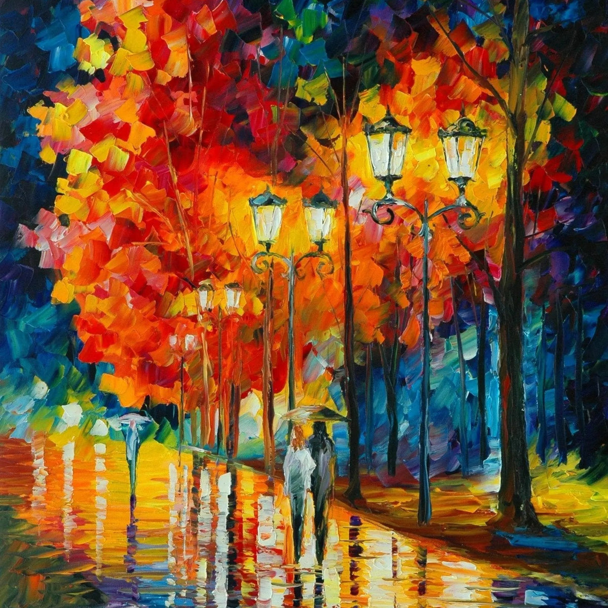 Abstract Landscape Oil Painting - Rainy Night Street with Autumn Trees - Oil Painting Haven