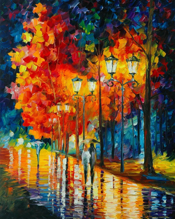 Abstract Landscape Oil Painting - Rainy Night Street with Autumn Trees - Oil Painting Haven
