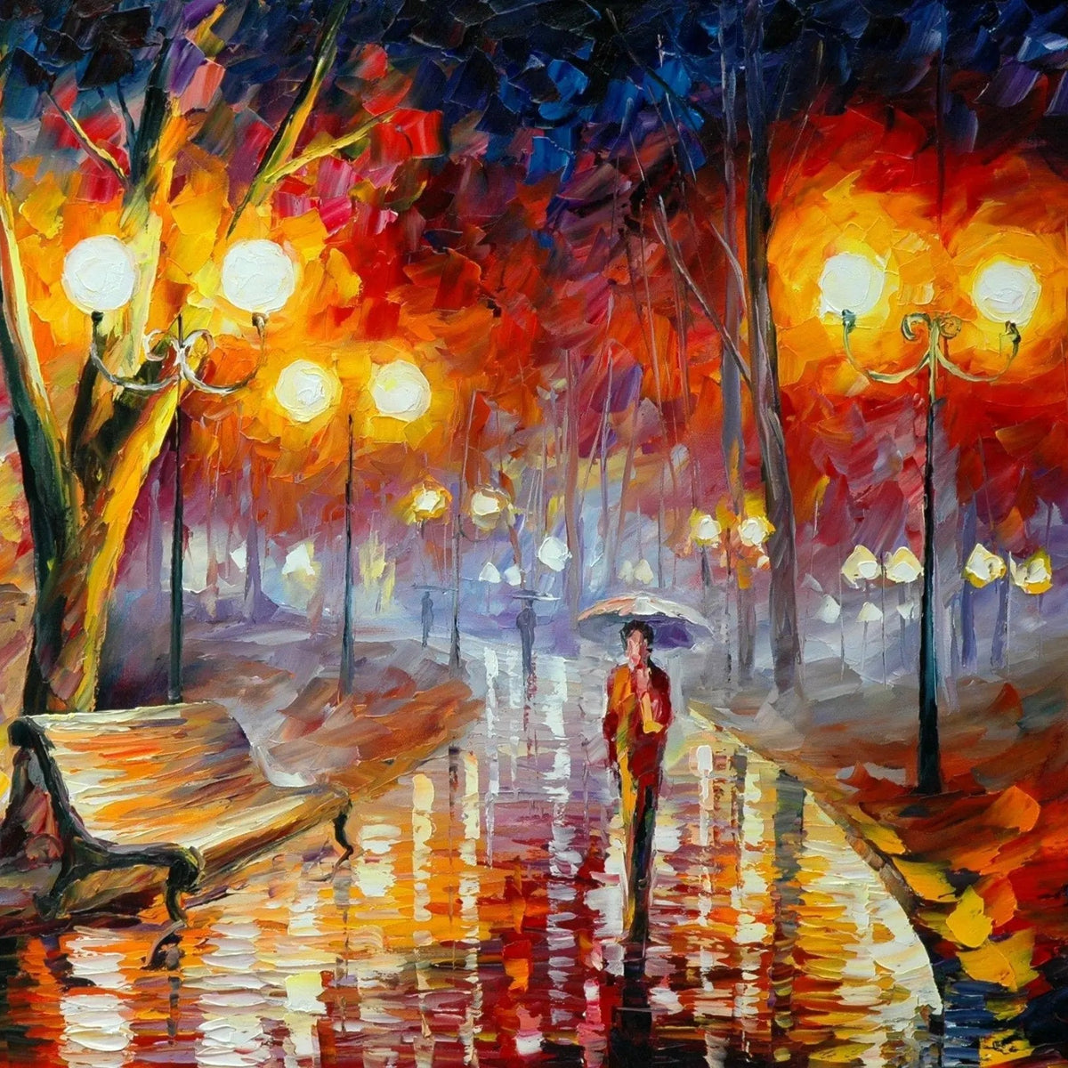 Abstract Landscape Oil Painting - Rainy Park Path Reflections - Oil Painting Haven