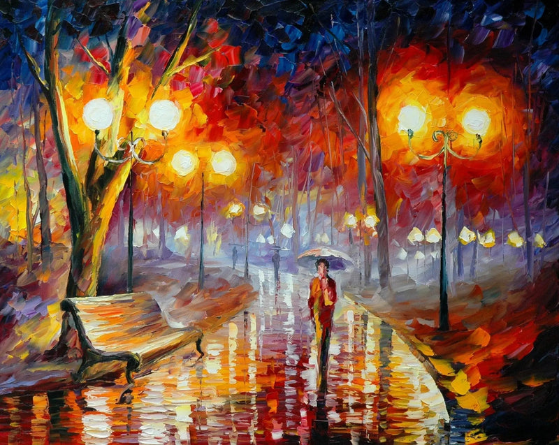 Abstract Landscape Oil Painting - Rainy Park Path Reflections - Oil Painting Haven