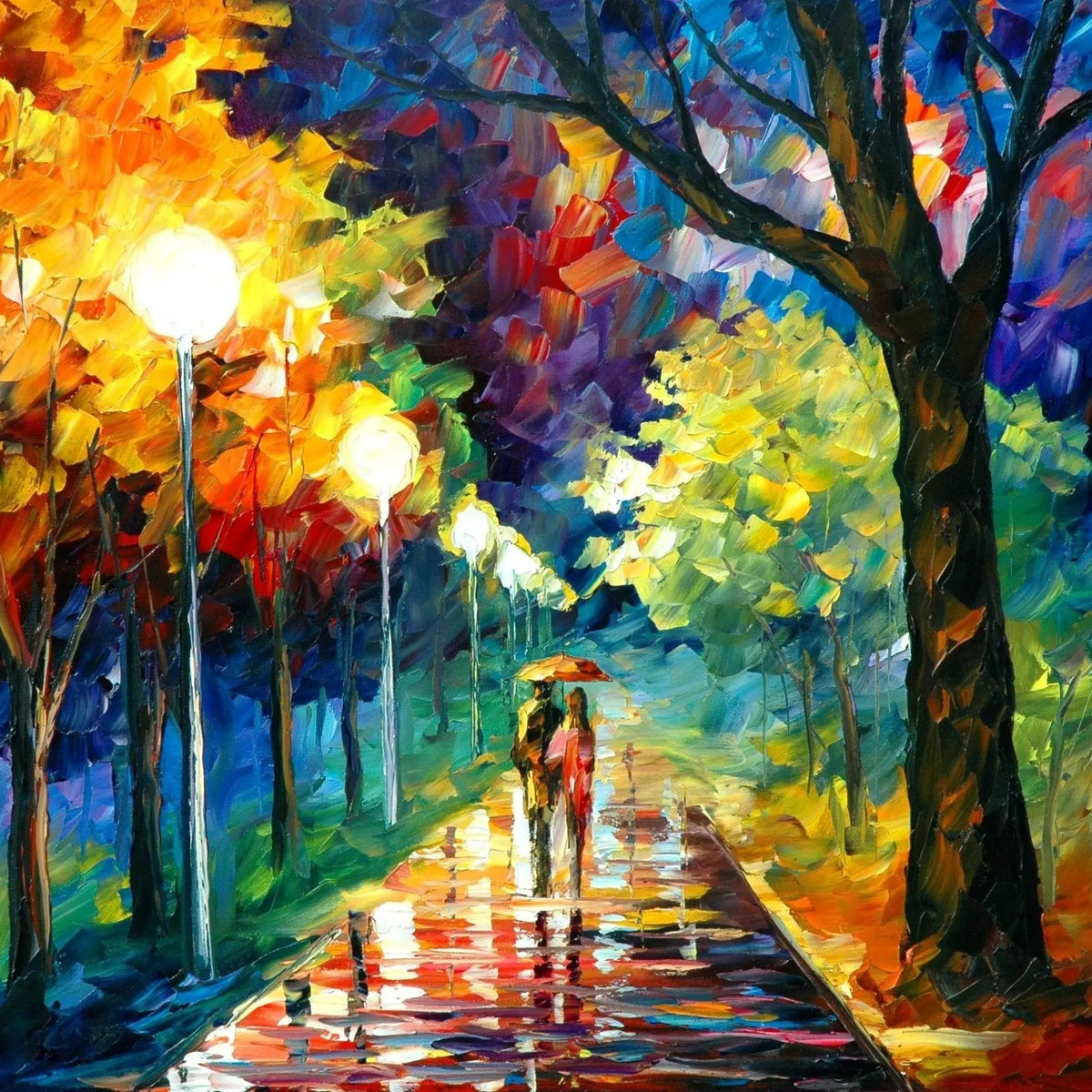 Abstract Landscape Oil Painting - Rainy Park Romance - Oil Painting Haven