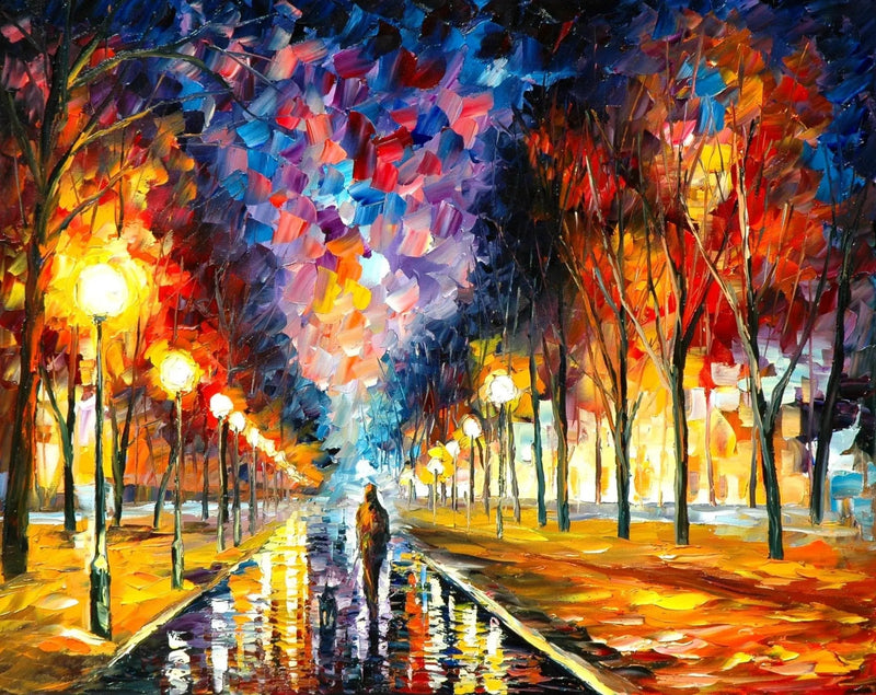 Abstract Landscape Oil Painting - Rainy Path Night Reflections - Oil Painting Haven