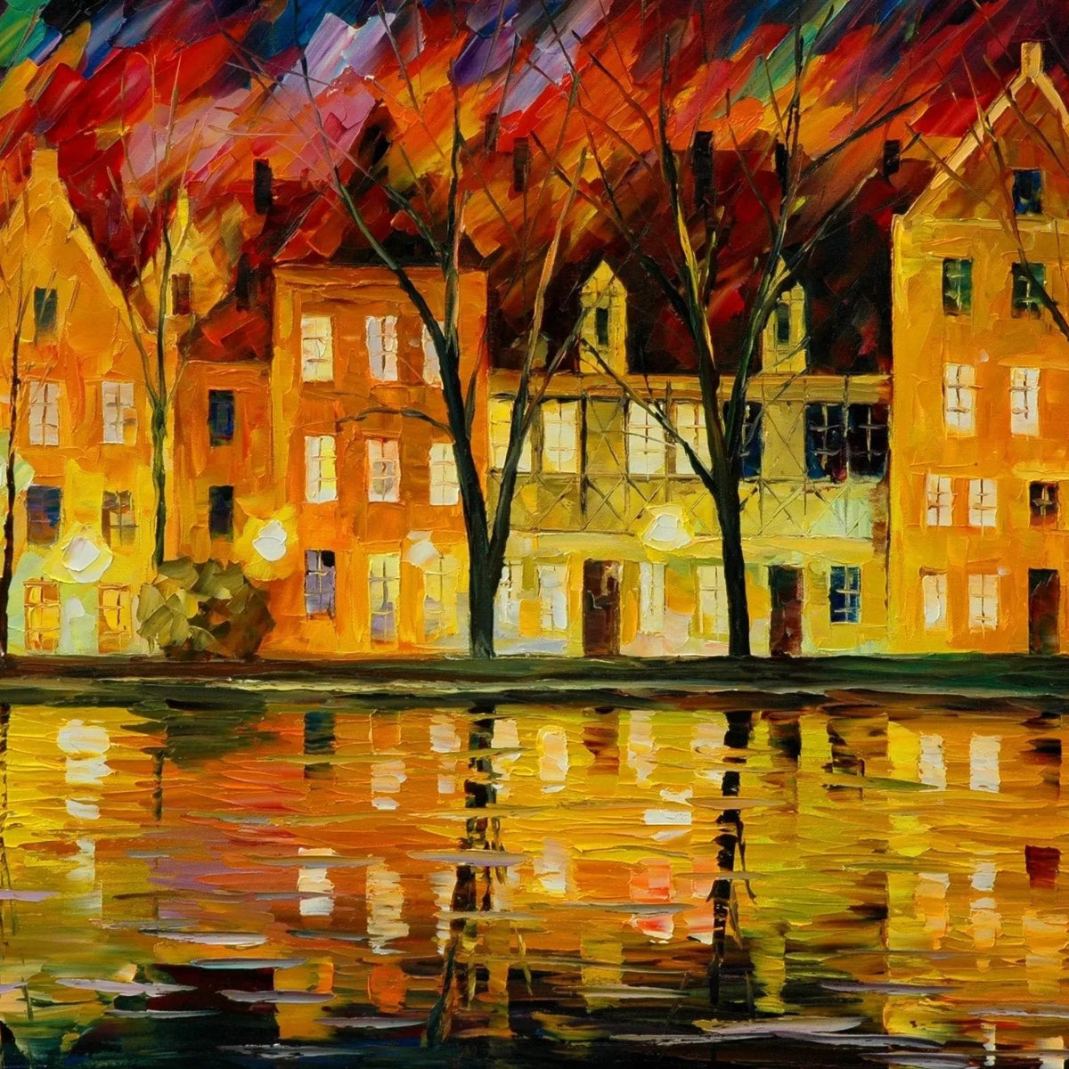 Abstract Landscape Oil Painting - Riverside Night Reflections - Oil Painting Haven