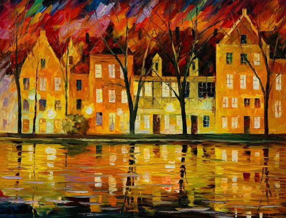 Abstract Landscape Oil Painting - Riverside Night Reflections - Oil Painting Haven