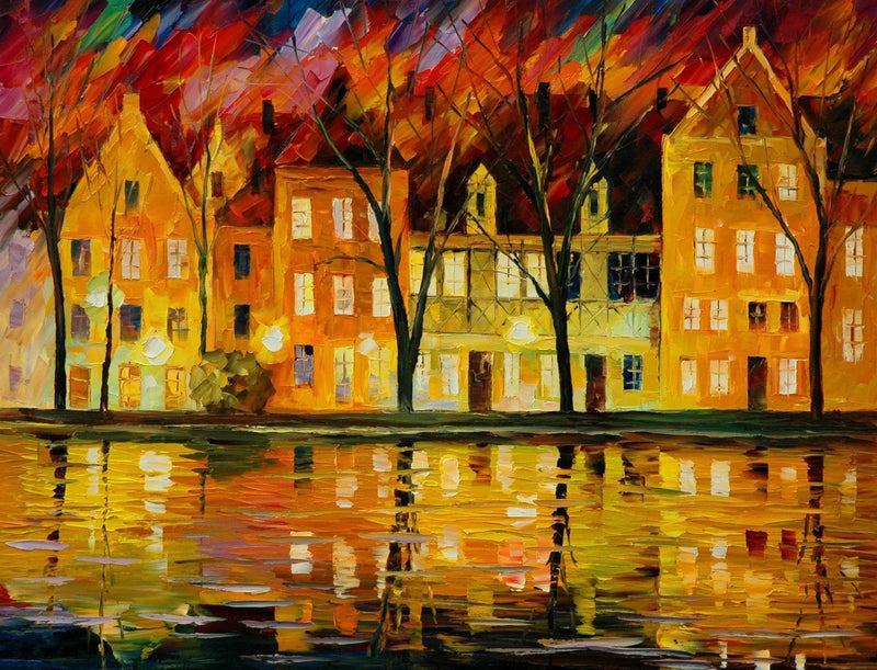 Abstract Landscape Oil Painting - Riverside Night Reflections - Oil Painting Haven