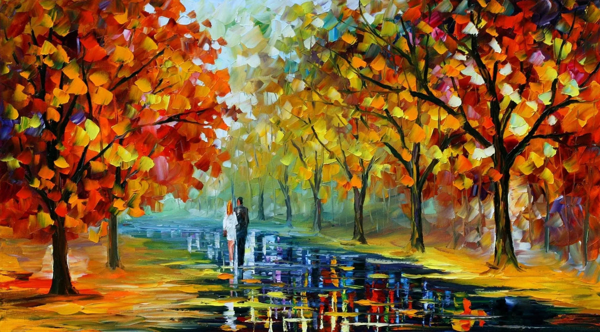 Abstract Landscape Oil Painting - Romantic Autumn Park Walk - Oil Painting Haven