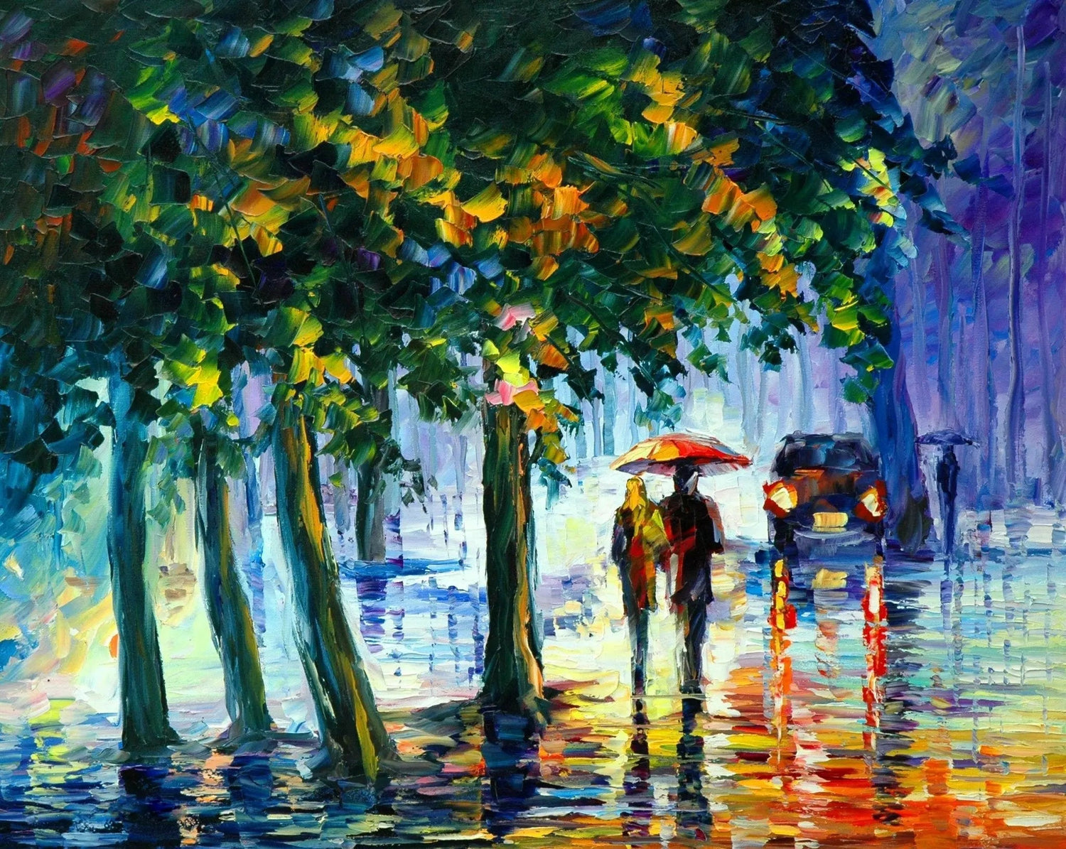 Abstract Landscape Oil Painting - Romantic Rainy Night Walk - Oil Painting Haven