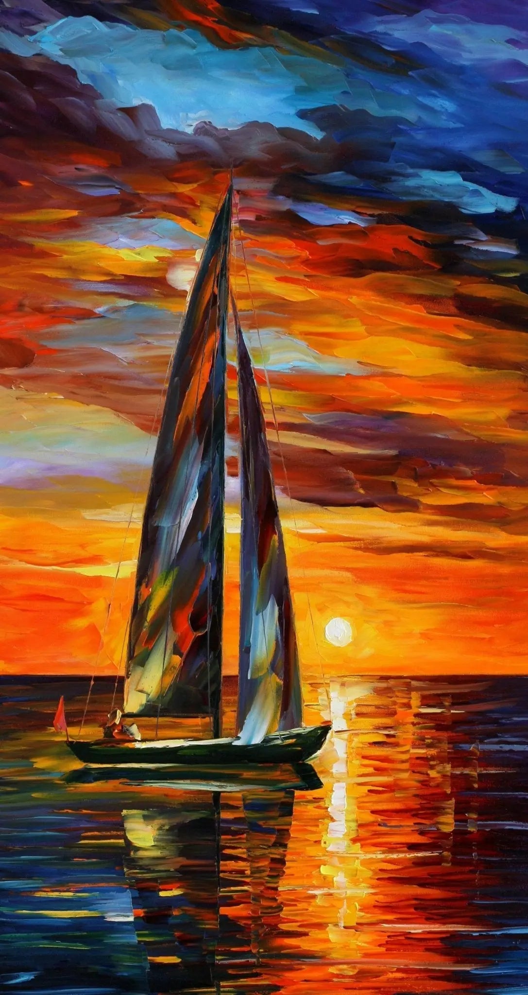 Abstract Landscape Oil Painting - Sailboat at Sunset on Calm Seas - Oil Painting Haven
