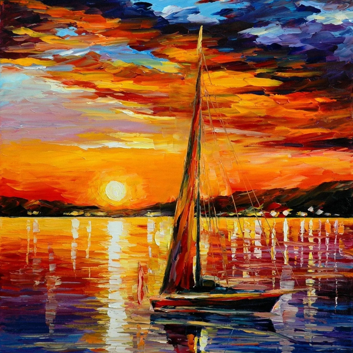 Abstract Landscape Oil Painting - Sailboat Sunset on Calm Waters - Oil Painting Haven