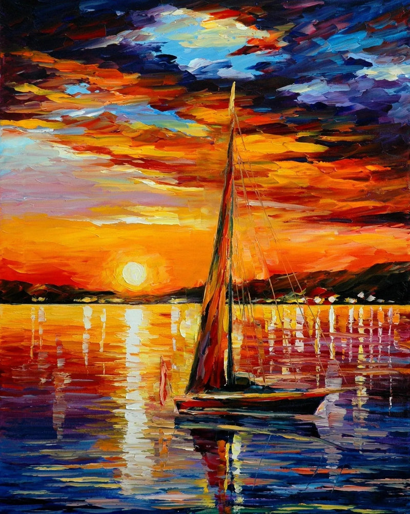Abstract Landscape Oil Painting - Sailboat Sunset on Calm Waters - Oil Painting Haven