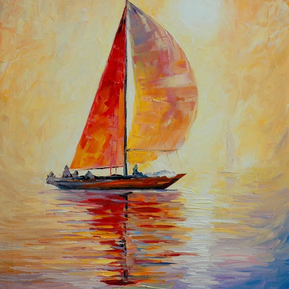 Abstract Landscape Oil Painting - Sailboat Sunset Scene with Warm Hues - Oil Painting Haven