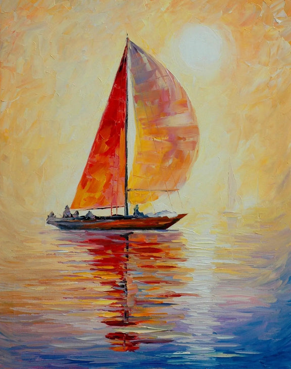 Abstract Landscape Oil Painting - Sailboat Sunset Scene with Warm Hues - Oil Painting Haven