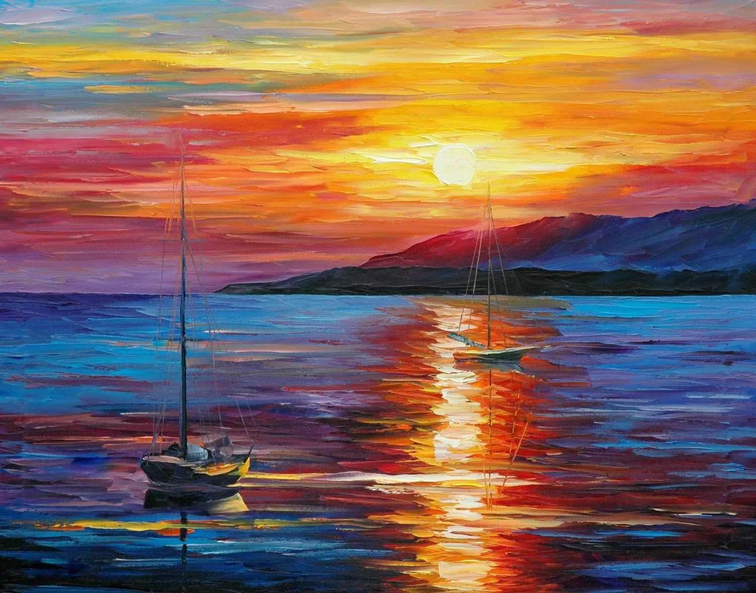 Abstract Landscape Oil Painting - Sailboat Sunset Seascape - Oil Painting Haven