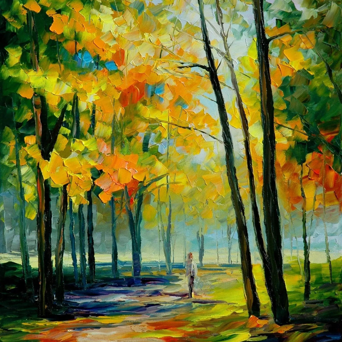 Abstract Landscape Oil Painting - Serene Autumn Path with Figure - Oil Painting Haven