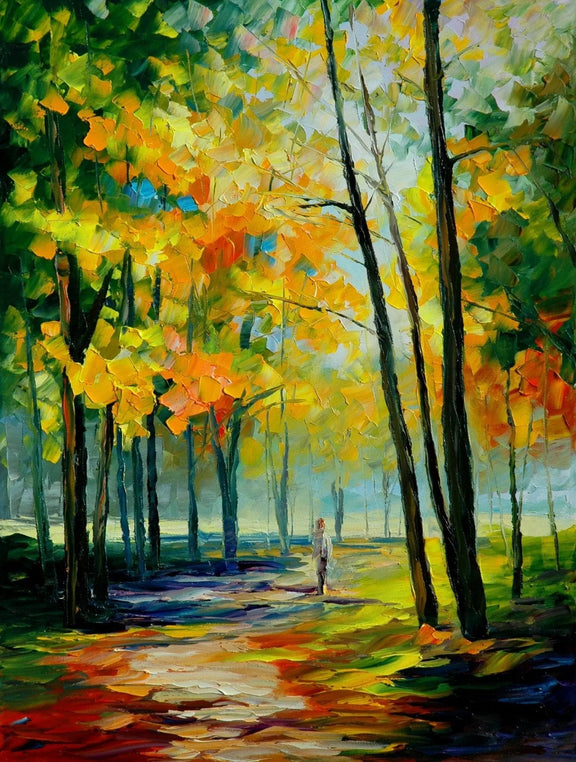 Abstract Landscape Oil Painting - Serene Autumn Path with Figure - Oil Painting Haven