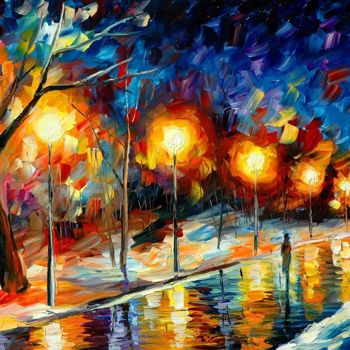 Abstract Landscape Oil Painting: Snowy Night Path Reflections - Oil Painting Haven