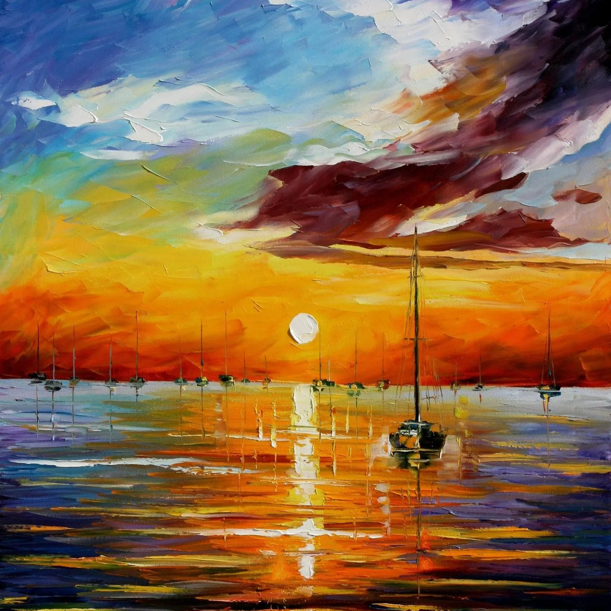Abstract Landscape Oil Painting - Sunset Harbor with Sailboats - Oil Painting Haven