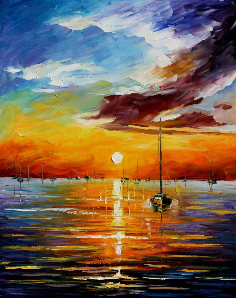 Abstract Landscape Oil Painting - Sunset Harbor with Sailboats - Oil Painting Haven