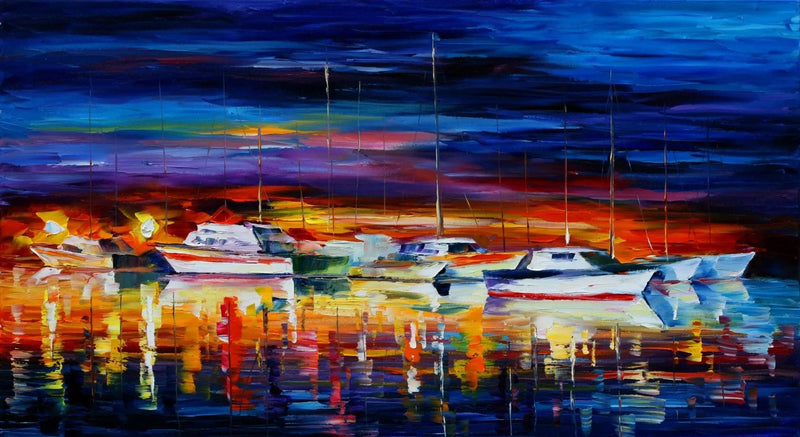Abstract Landscape Oil Painting - Sunset Marina with Boats and Reflections - Oil Painting Haven