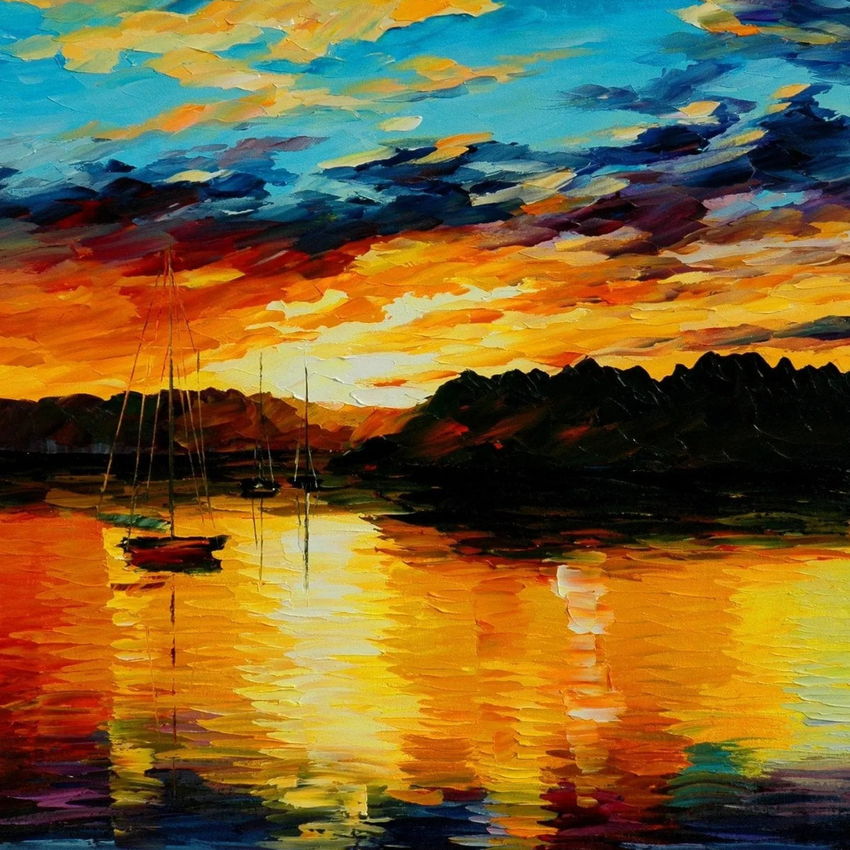 Abstract Landscape Oil Painting - Sunset Over Harbor with Sailboats - Oil Painting Haven