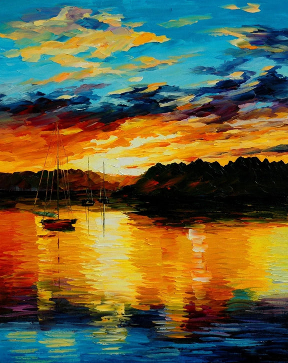 Abstract Landscape Oil Painting - Sunset Over Harbor with Sailboats - Oil Painting Haven