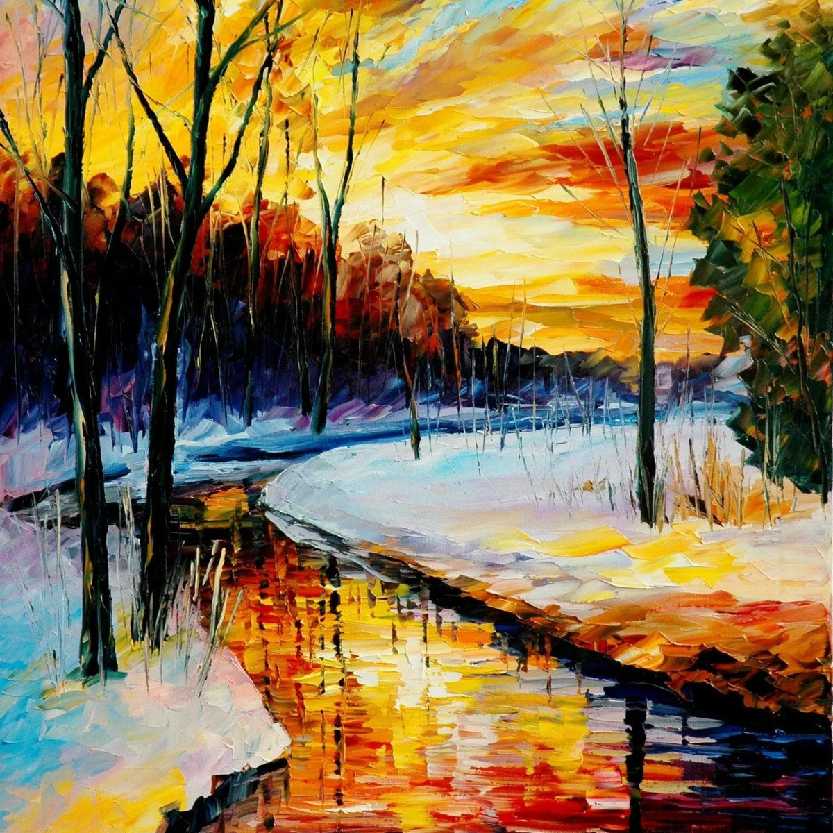 Abstract Landscape Oil Painting - Sunset Over Snowy River and Trees - Oil Painting Haven