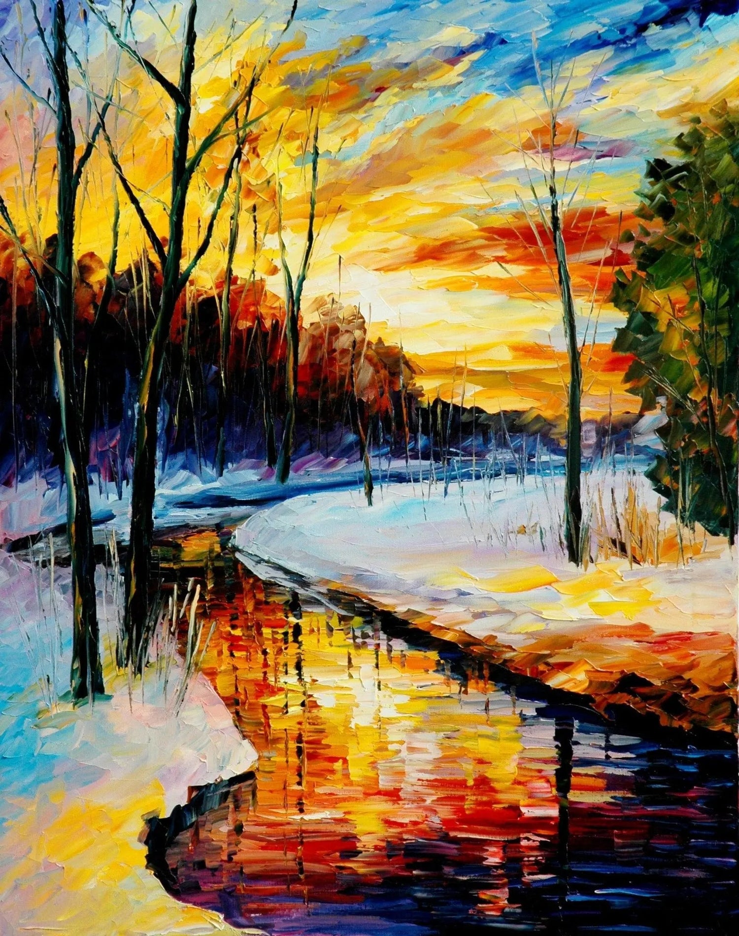 Abstract Landscape Oil Painting - Sunset Over Snowy River and Trees - Oil Painting Haven