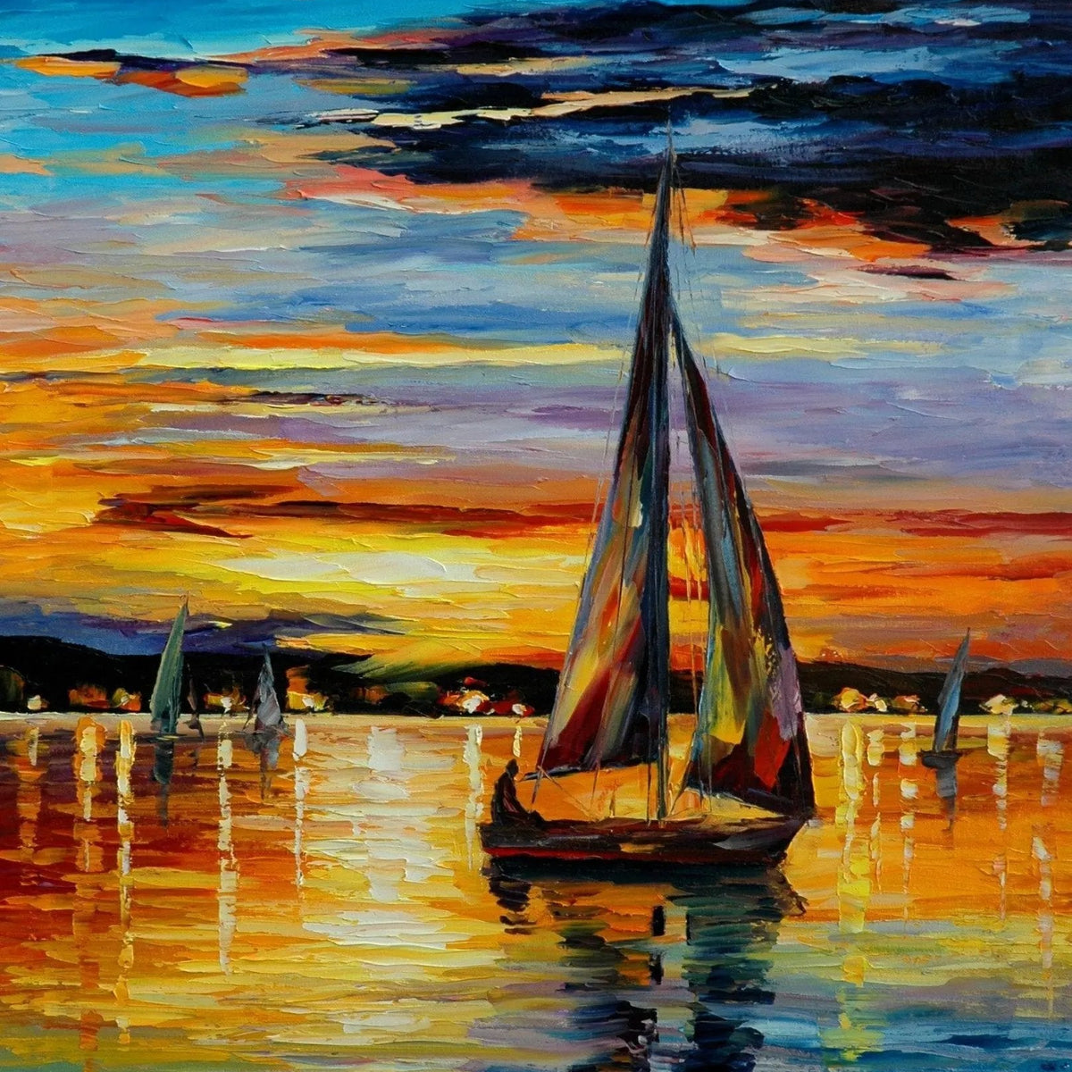 Abstract Landscape Oil Painting - Sunset Sailboats Waterscape - Oil Painting Haven