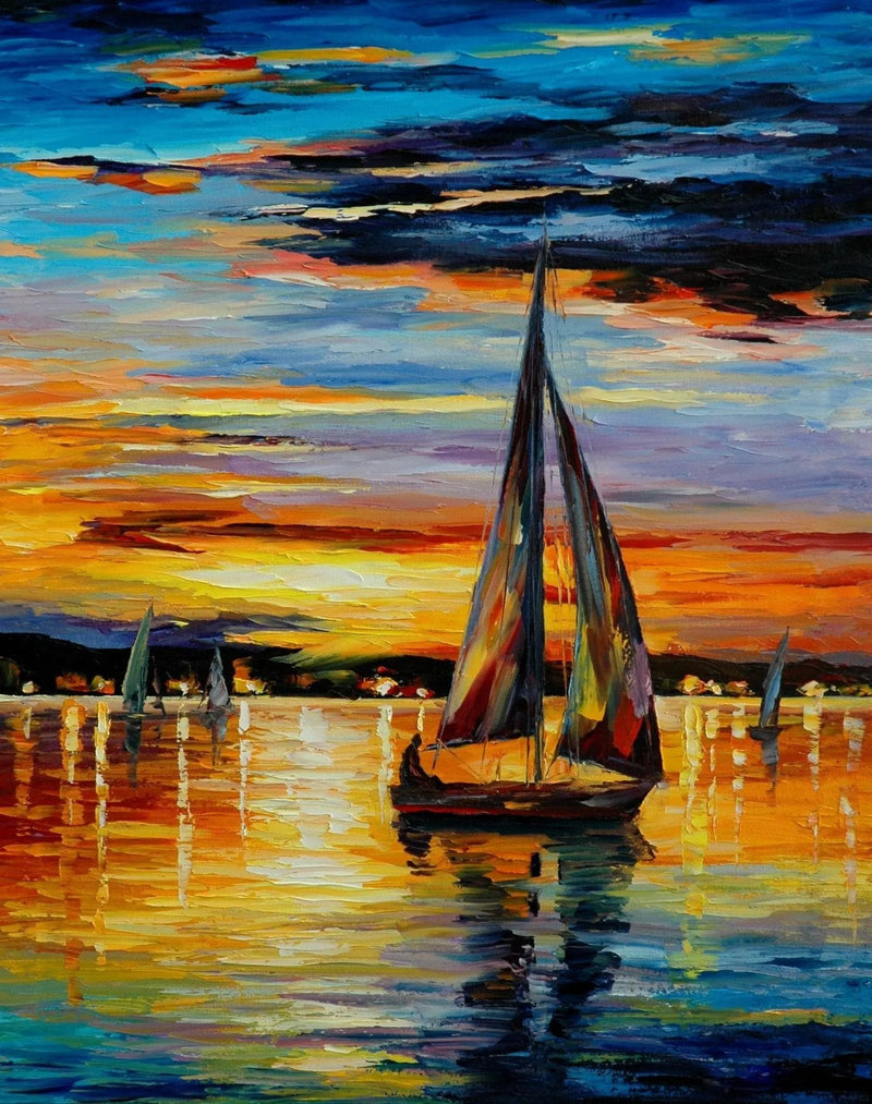 Abstract Landscape Oil Painting - Sunset Sailboats Waterscape - Oil Painting Haven