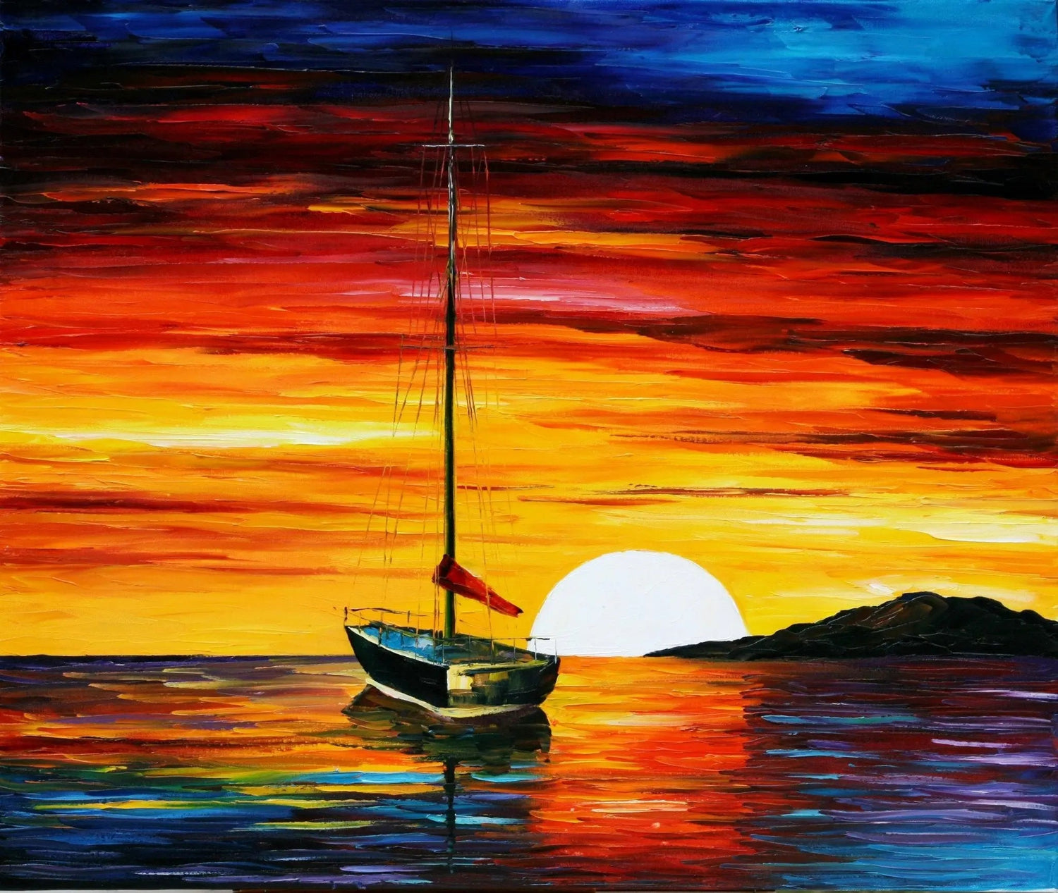 Abstract Landscape Oil Painting - Sunset Seascape with Sailboat - Oil Painting Haven