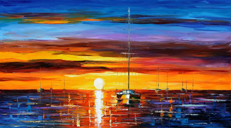 Abstract Landscape Oil Painting - Sunset Seascape with Sailboats - Oil Painting Haven