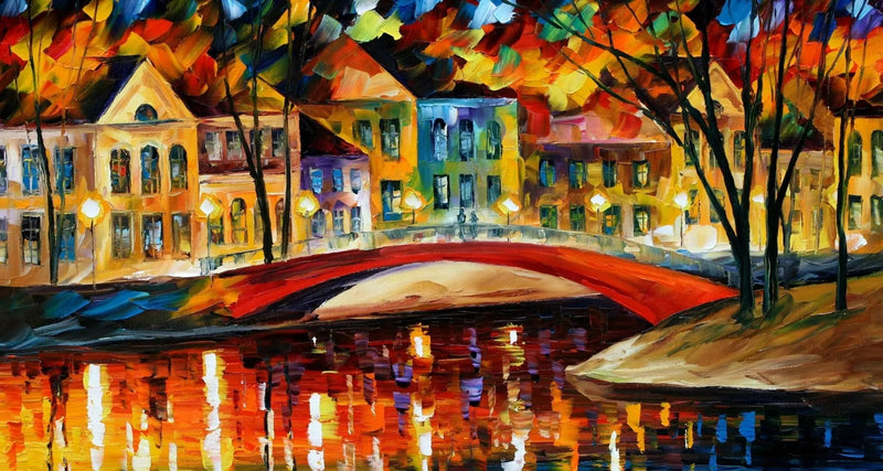 Abstract Landscape Oil Painting - Town Canal with Red Bridge - Oil Painting Haven