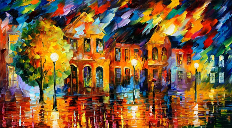 Abstract Landscape Oil Painting - Town Square Rain Reflections - Oil Painting Haven