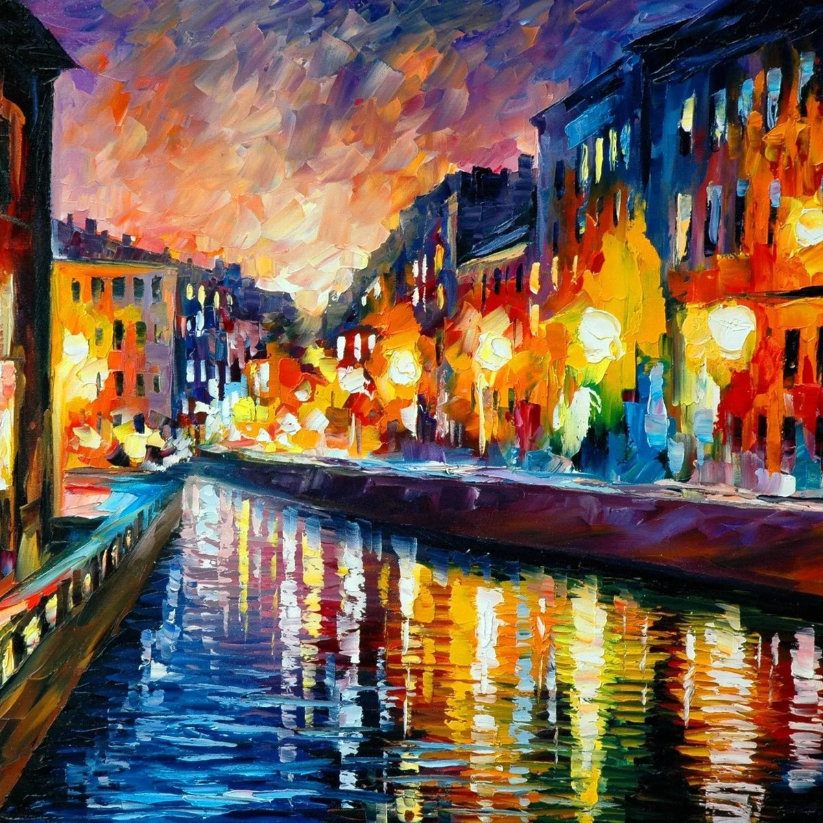 Abstract Landscape Oil Painting - Urban Canal Night Reflections - Oil Painting Haven