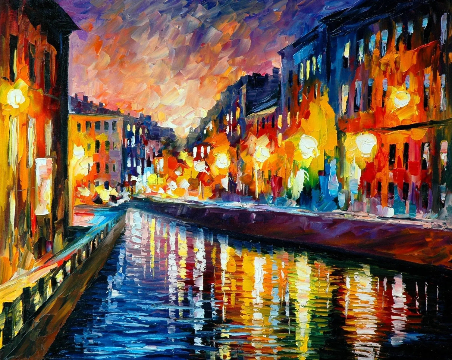 Abstract Landscape Oil Painting - Urban Canal Night Reflections - Oil Painting Haven