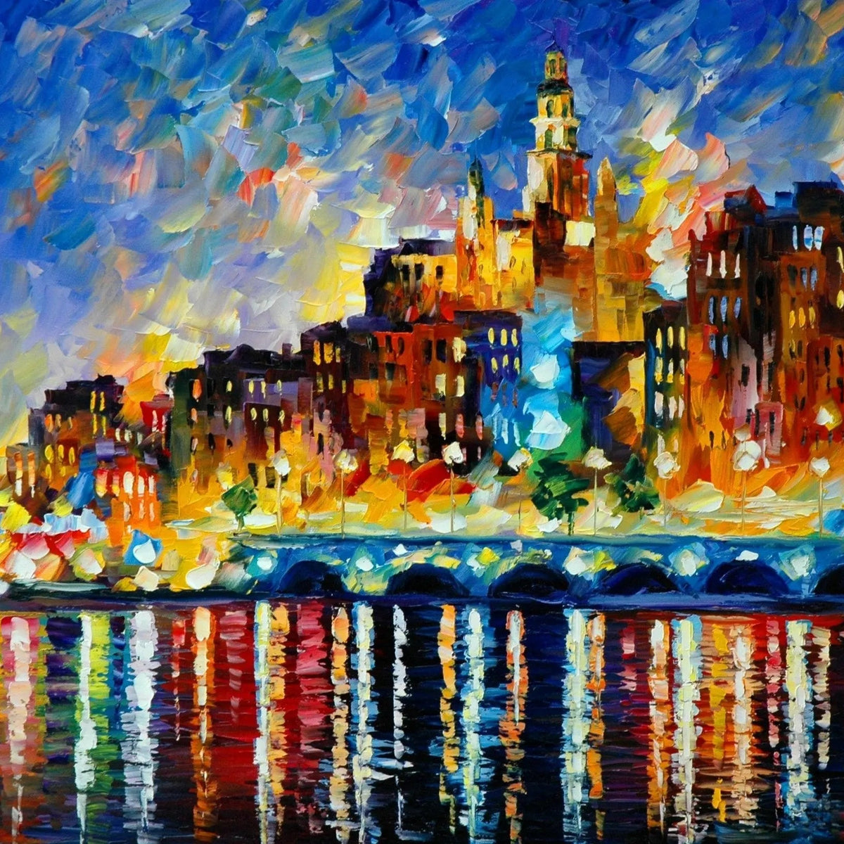 Abstract Landscape Oil Painting - Urban Night Skyline Reflections - Oil Painting Haven
