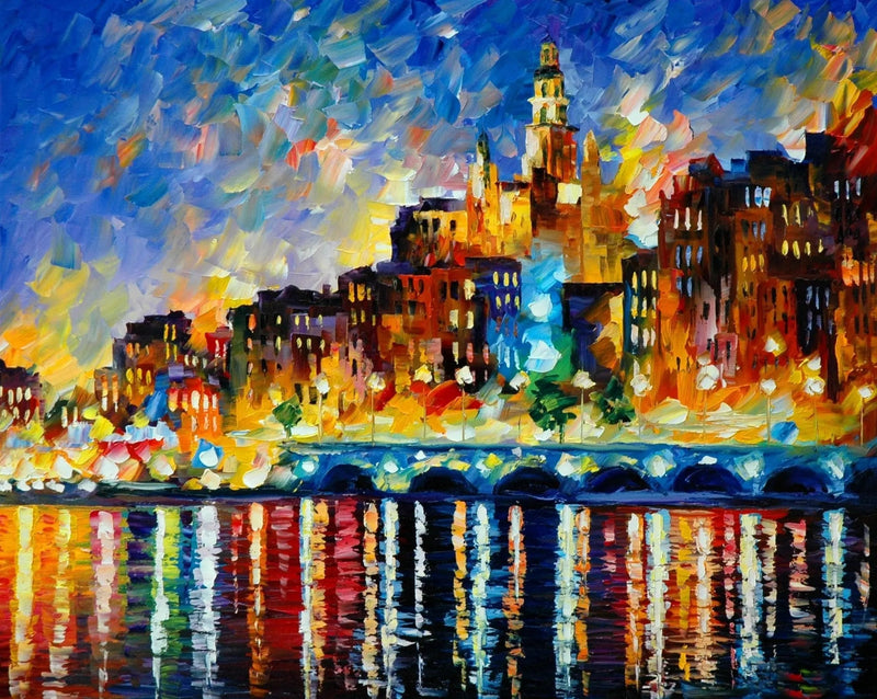 Abstract Landscape Oil Painting - Urban Night Skyline Reflections - Oil Painting Haven