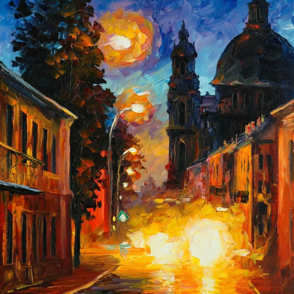 Abstract Landscape Oil Painting - Urban Night Street with Reflections - Oil Painting Haven