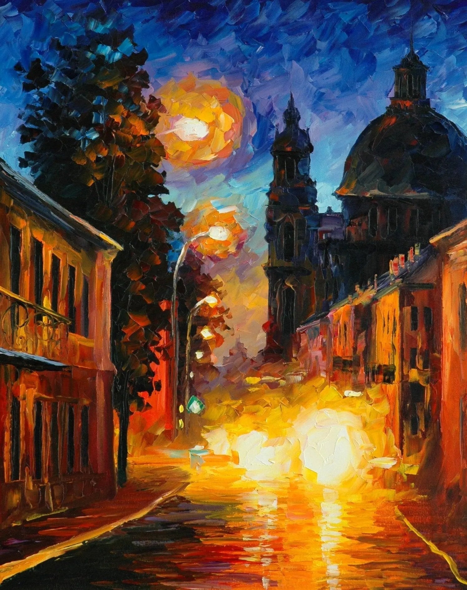 Abstract Landscape Oil Painting - Urban Night Street with Reflections - Oil Painting Haven
