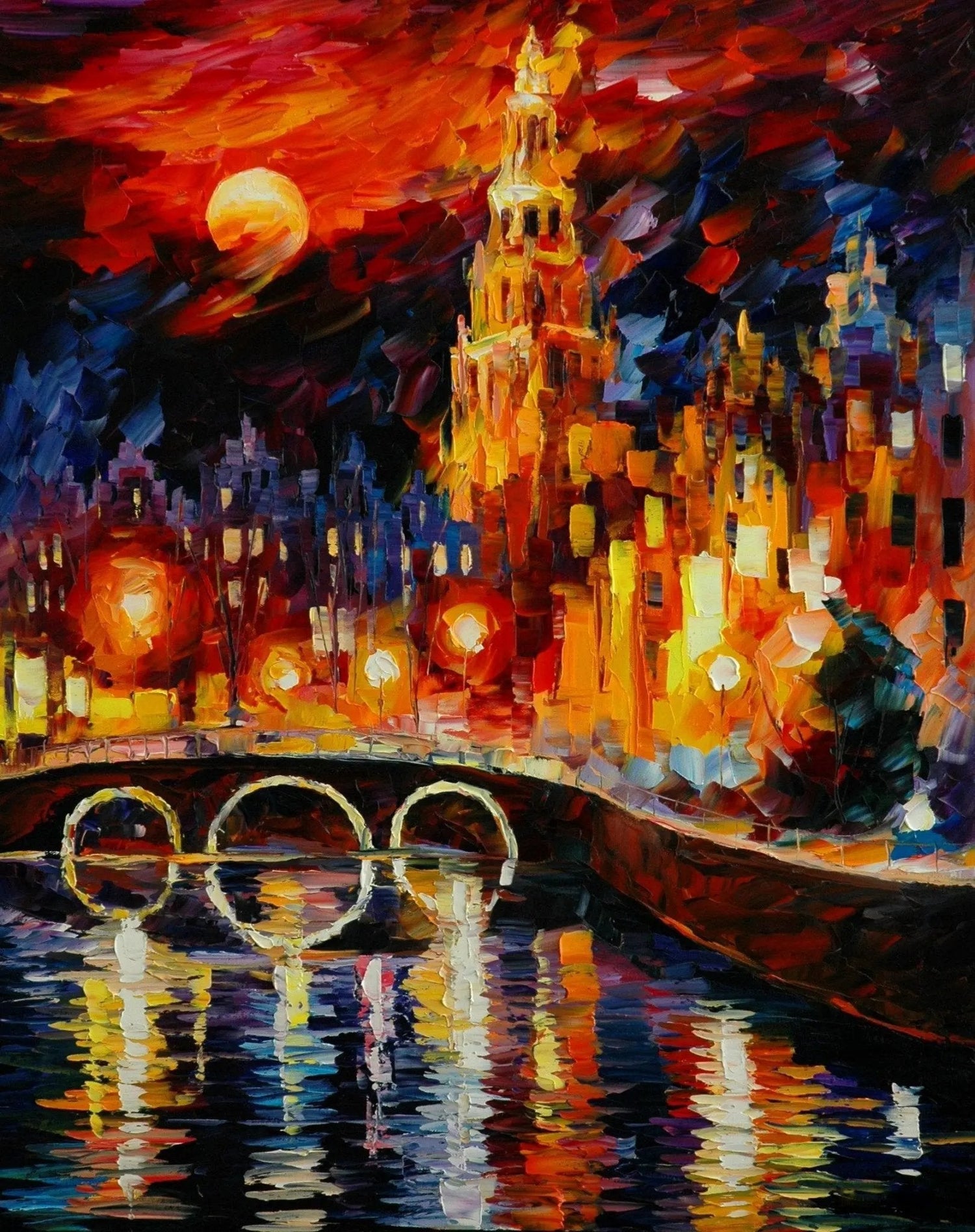 Abstract Landscape Oil Painting - Urban Night with Water Reflections - Oil Painting Haven