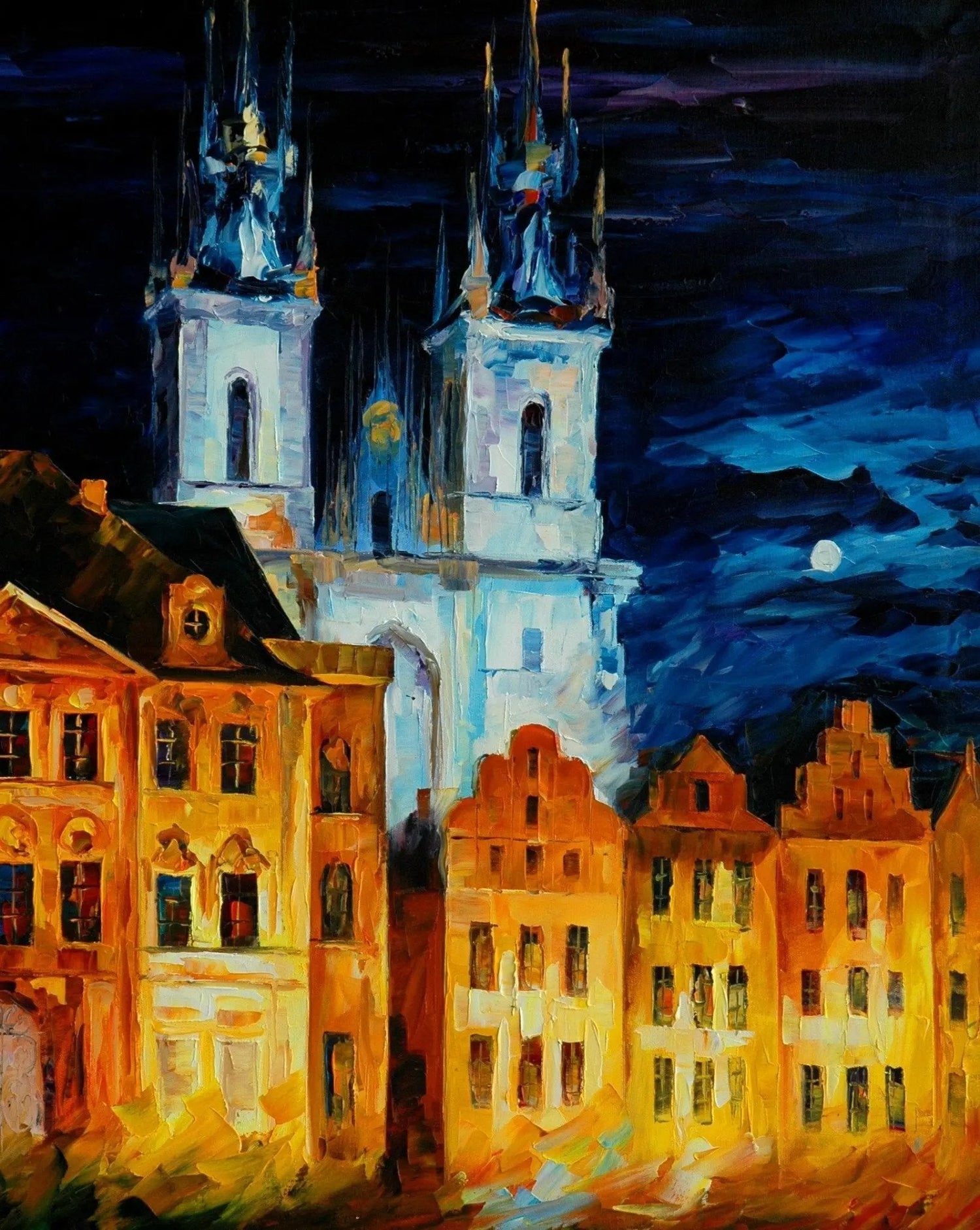 Abstract Landscape Oil Painting - Urban Nightscape with Glowing Towers - Oil Painting Haven