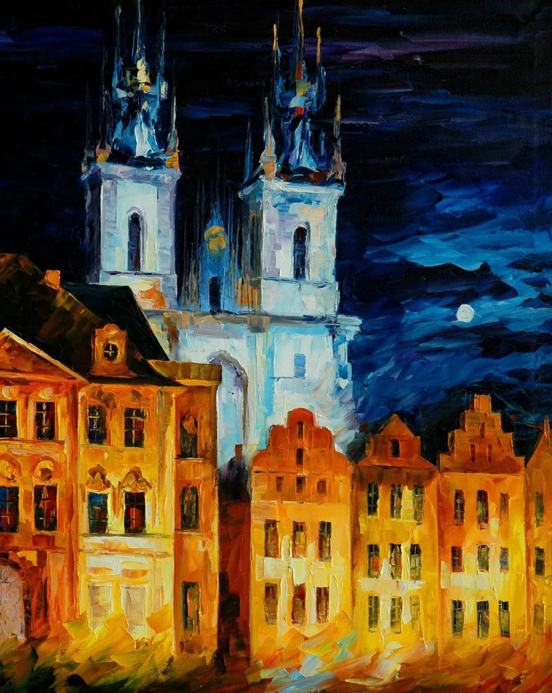 Abstract Landscape Oil Painting - Urban Nightscape with Glowing Towers - Oil Painting Haven