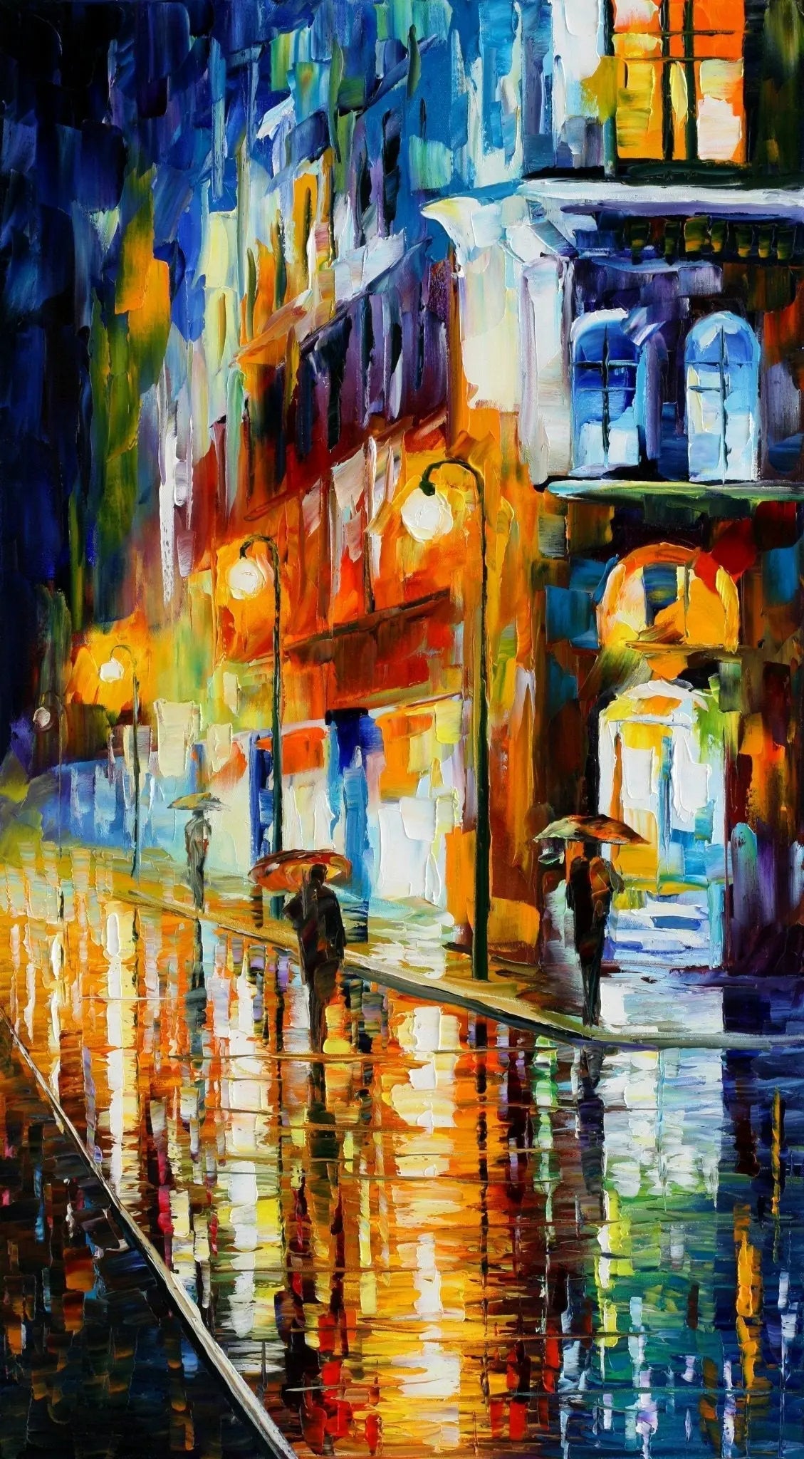 Abstract Landscape Oil Painting - Urban Rainy Night Reflections - Oil Painting Haven