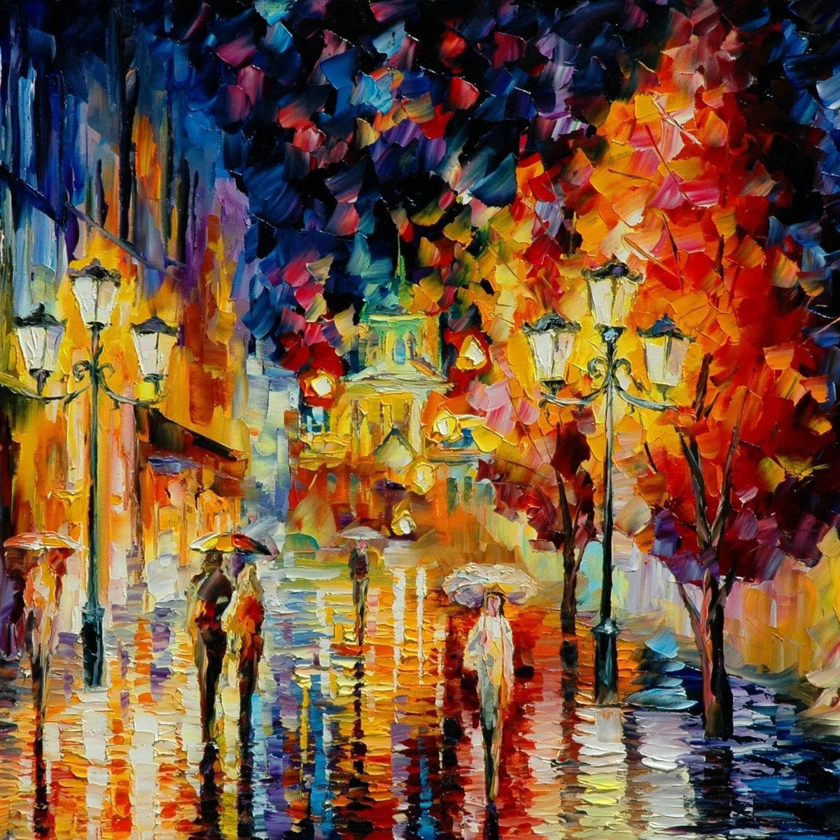 Abstract Landscape Oil Painting - Urban Rainy Night with Figures - Oil Painting Haven