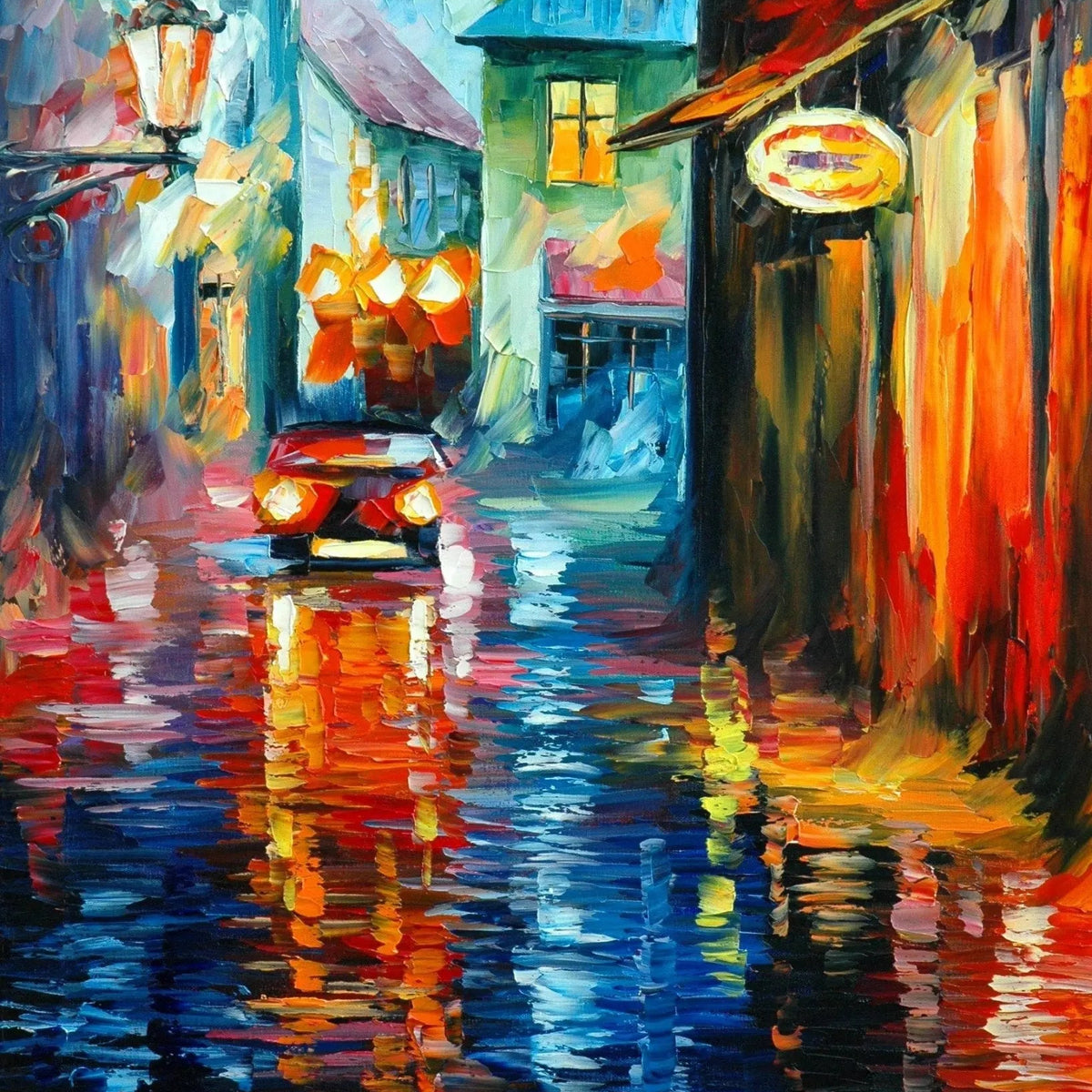 Abstract Landscape Oil Painting - Urban Rainy Night with Reflections - Oil Painting Haven
